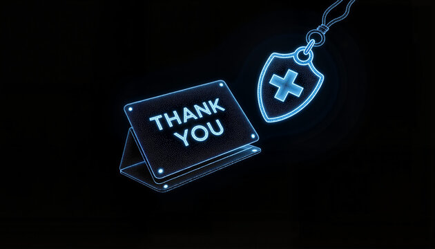Thank You sign with medical cross and ribbon in blue neon style - Concept of International Doctors Day