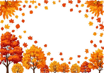 Autumn Trees in Full Bloom with Falling Leaves on White Background