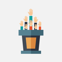 Raised hands behind a podium illustration on a white background.