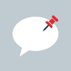 White speech bubble with a red push pin on a gray background.