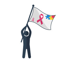 Silhouette figure holding a flag with a pink ribbon and puzzle pieces.