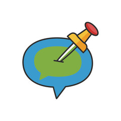 Blue speech bubble with green center pinned by a yellow push pin.