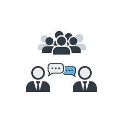 Illustration of group of people and two people talking with speech bubbles.