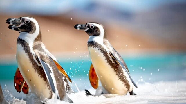 Gentoo Penguins Walking Toward Ocean with Blue Sky Behind