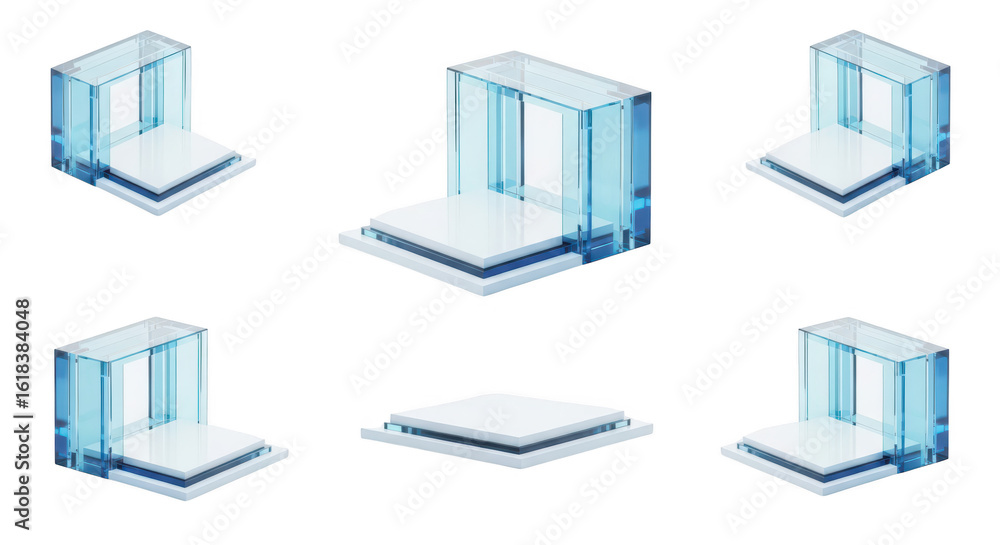 Poster multiple transparent glass cubes digitally rendered floating platforms digital abstract art against 