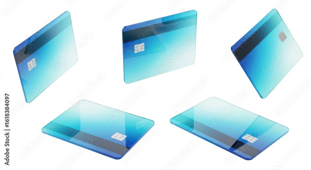 Poster Abstract floating credit cards multiple views on a white background used for financial transactions and digital payments