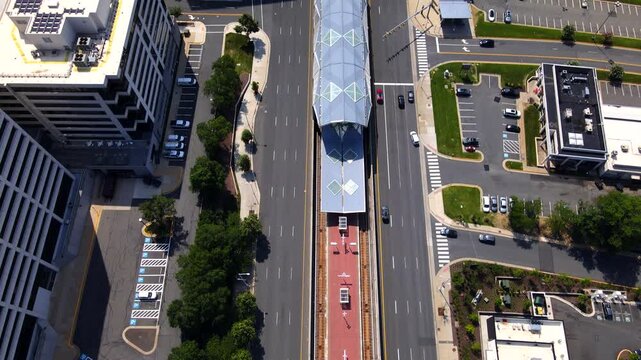 Washington Metro station and city traffic in the Washington suburb of D.C. City of Tysons, Virginia. View from above.
