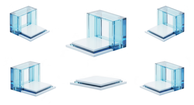 Multiple transparent glass cubes digitally rendered floating platforms Digital abstract art against a plain white backdrop used for product display/mockups