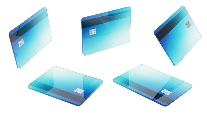 Abstract floating credit cards multiple views on a white background used for financial transactions and digital payments