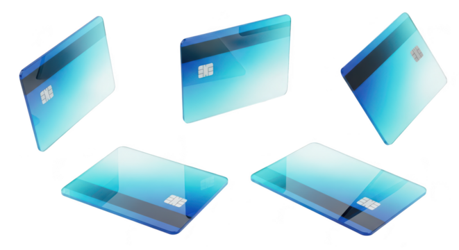 Abstract floating credit cards multiple views on a white background used for financial transactions and digital payments
