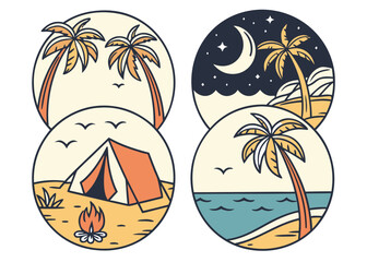 Icon Set Inspired by Beach Camping with Tents, Campfire, Palm Trees, Ocean, Moon, and Stars