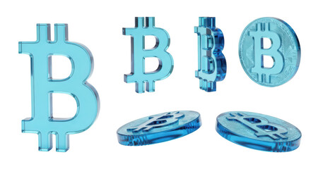 Obraz premium A collection of transparent blue cryptocurrency symbols in various angles against a bright white background for illustrative or educational purposes