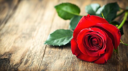 Solitary Red Rose Valentine's Gift on Wooden Table, Romantic Still Life, Vintage Dark Moody Style, Product Mockup Copy Space
