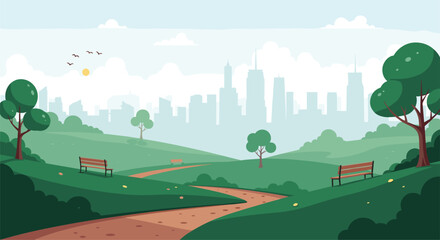 Fototapeta premium A serene pixelated park landscape with a distant city skyline under a bright sunny sky