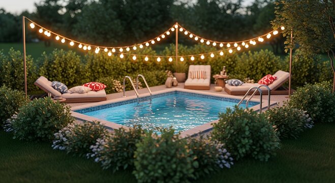 Backyard pool with lounge chairs and string lights at dusk in summer, providing a relaxing outdoor oasis for evening enjoyment and leisure, landscaped with shrubs and green grass  pool, swimming, stri