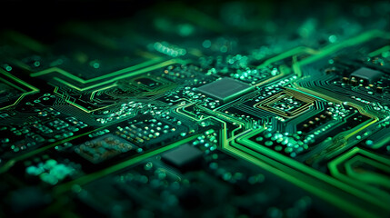 Green circuit board with glowing lines and components.