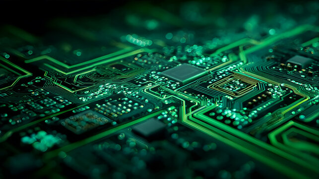 Green circuit board with glowing lines and components.