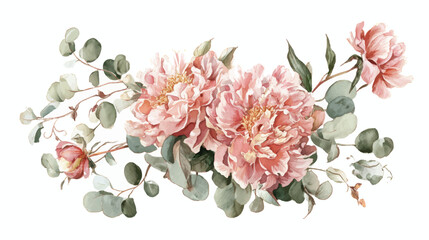 A delicate watercolor illustration of pink peonies and eucalyptus leaves, showcasing botanical beauty.