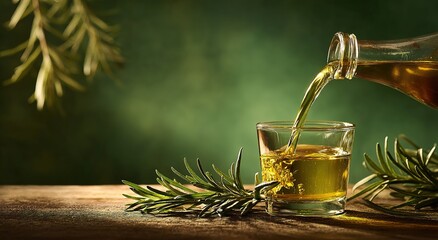 A scene of olive oil being poured into a glass, suitable for olive oil brands' advertisements, posters, webpages, and the health concept promotion of light meal restaurants, etc.