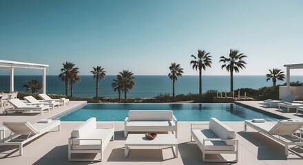 Fototapeta premium Luxurious outdoor Living Space with Swimming Pool Overlooking the Ocean and Palm Trees on a Sunny Day in Algarve, Portugal. White Lounge Chairs and Sofas are Arranged for Relaxation pool, palm, trees