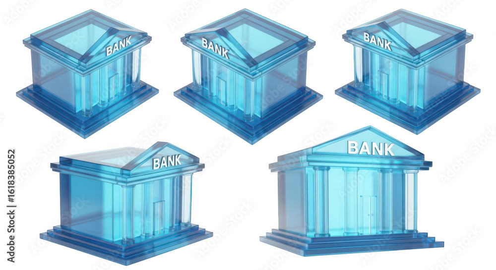 Poster transparent blue bank models displayed on a white background representing finance and banking concep