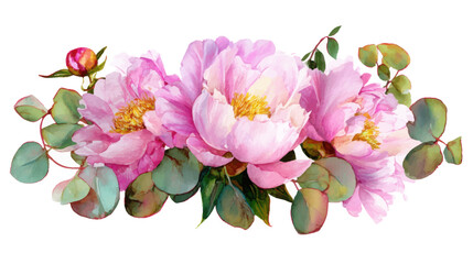 A delicate watercolor illustration of pink peonies and eucalyptus leaves, showcasing botanical beauty.