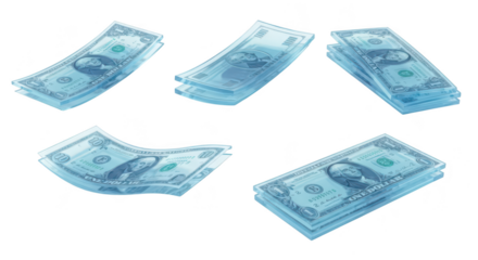 Translucent dollar bills float mid-air against a white background; financial concept digital art representing money wealth investment banking and the value of currency