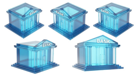 Transparent blue bank models displayed on a white background representing finance and banking concepts