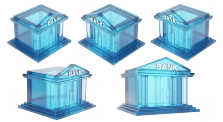 Transparent blue bank models displayed on a white background representing finance and banking concepts