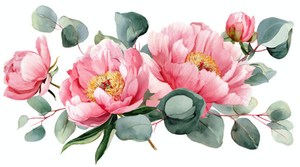A delicate watercolor illustration of pink peonies and eucalyptus leaves, showcasing botanical beauty.
