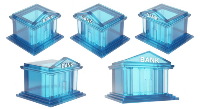 Transparent blue bank models displayed on a white background representing finance and banking concepts