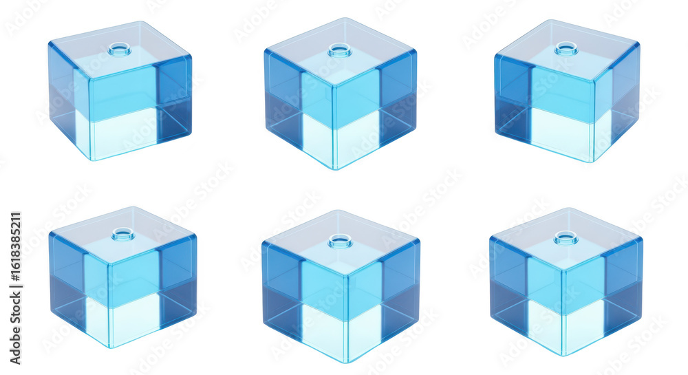 Poster transparent blue glass cubes arranged on a soft blue background showcasing geometric patterns useful