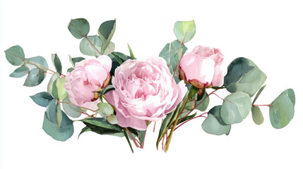 A delicate watercolor illustration of pink peonies and eucalyptus leaves, showcasing botanical beauty.