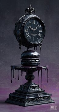 An ornate, dark-metal clock dripping black substance, sits atop a pedestal with a melted burger beneath it.  The scene is darkly lit, creating a surreal, almost morbid atmosphere