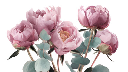 A delicate watercolor illustration of pink peonies and eucalyptus leaves, showcasing botanical beauty.