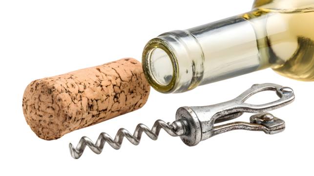 Wine bottle cork and corkscrew isolated on transparent background