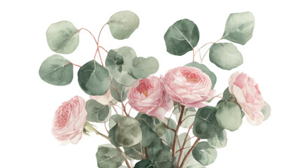 A delicate watercolor illustration of pink peonies and eucalyptus leaves, showcasing botanical beauty.