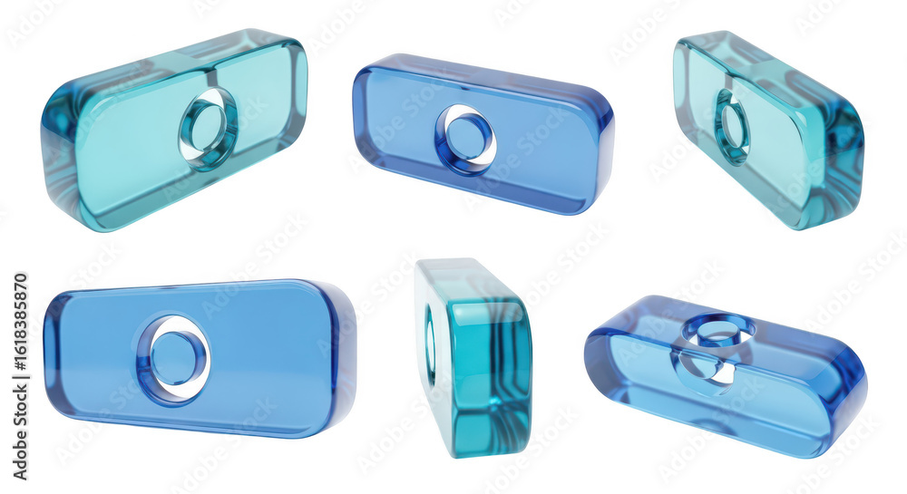 Poster translucent blue geometric objects displayed at different angles on a white surface for design eleme