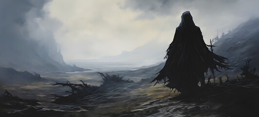 A haunted gothic cleric perched on a wind-swept hill art, generative ai