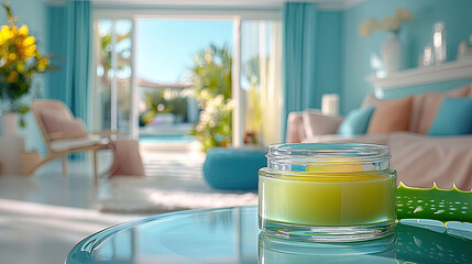 Luxurious interior scene featuring cosmetic cream and aloe vera with blurred background