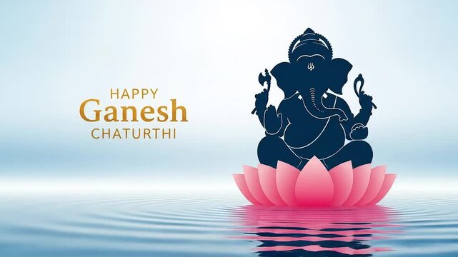Elegant illustration for the Hindu festival of Ganesh Chaturthi featuring a divine Ganesha silhouette on a lotus with greeting text over water.