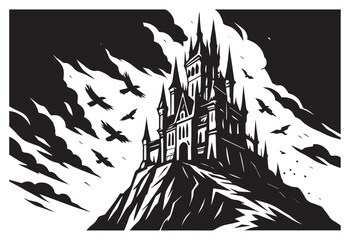 Gothic Cliff Castle Scene.