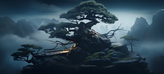 A haunted gothic bonsai perched on a wind-swept hill art, generative ai