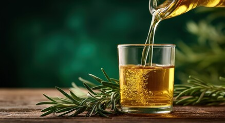 A scene of olive oil being poured into a glass, suitable for olive oil brands' advertisements, posters, webpages, and the health concept promotion of light meal restaurants, etc.