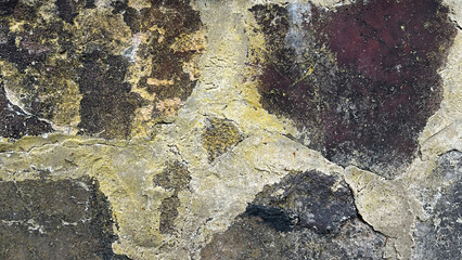Intricate patterns emerge on an ancient wall, showcasing a blend of earthy tones and textures. The...