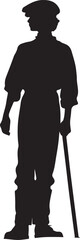 This image shows a black silhouette of an elderly person wearing a hat and boots, holding a walking stick, standing in profile view against a white background.