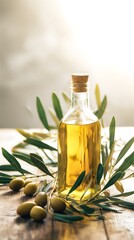 Bottle of Golden Extra Virgin Olive Oil with Olives and Branches on Wood