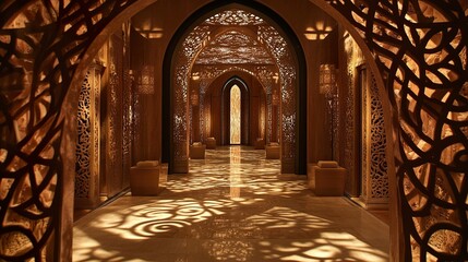 Grand Hallway Leading to an Ornate Arched Door