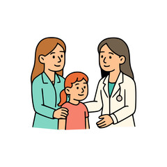 Happy child with mother visiting female doctor, flat illustration of pediatric health consultation and family healthcare