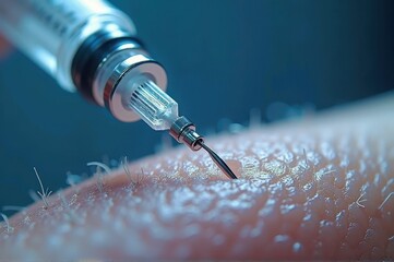 Close-up of syringe needle penetrating skin: medical injection and healthcare concept